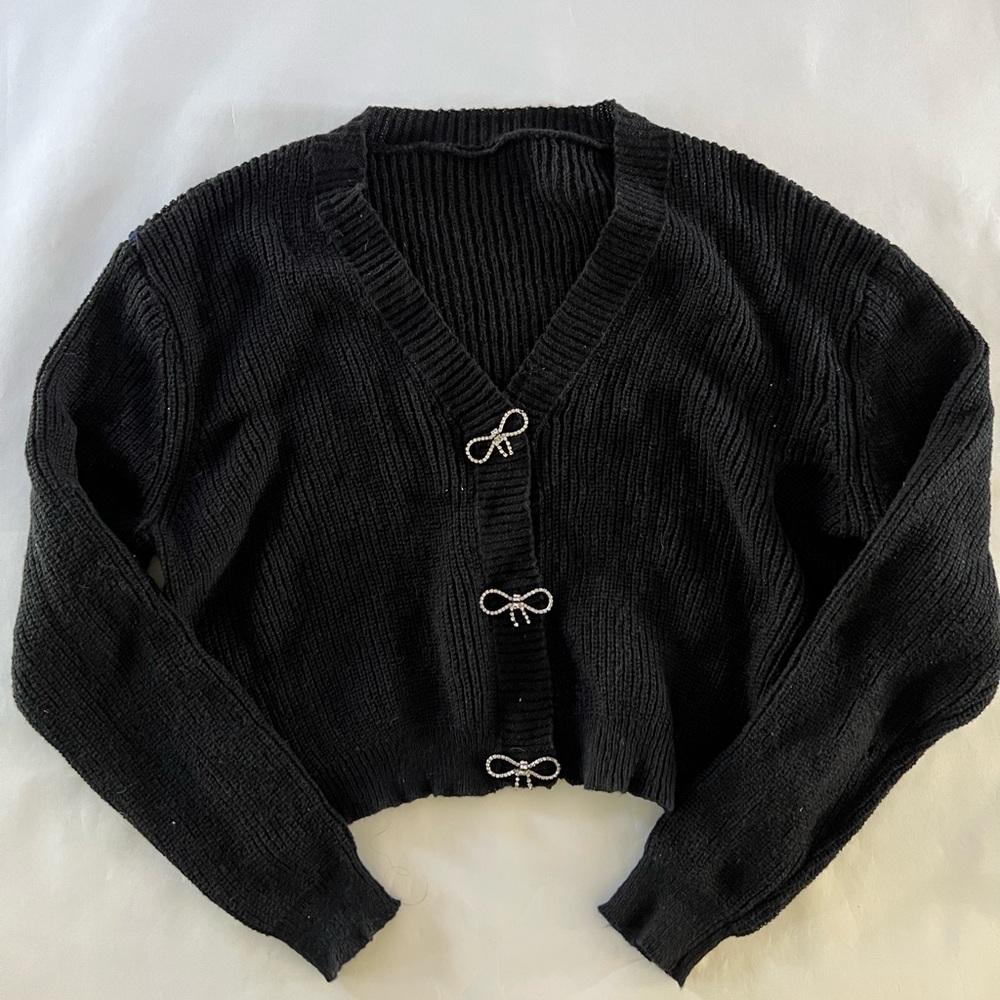 Black Knit Cardigan Sweater with glam ribbon buttons